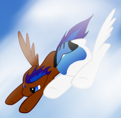 Size: 1185x1154 | Tagged: safe, artist:mobius pony, oc, oc only, oc:mobius one, oc:nimble wing, pegasus, pony, duo, flying, helmet, male, race, racing, simple background, spread wings, visor, wings