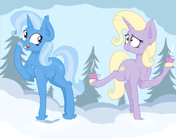 Size: 3332x2639 | Tagged: safe, artist:paskanaakka, derpibooru exclusive, jasmine tea, trixie, pony, unicorn, g4, chest fluff, colored hooves, cup, duo, ear fluff, female, food, high res, leg fluff, mare, nose wrinkle, smiling, snow, snowfall, tea, teacup, that pony sure does love teacups, tree, unshorn fetlocks