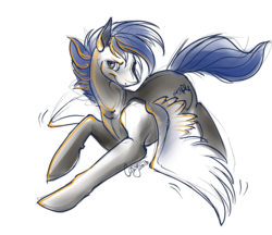 Size: 828x715 | Tagged: safe, artist:casynuf, oc, oc only, oc:nimble wing, pegasus, pony, flying, male, sketch, solo, spread wings, wings