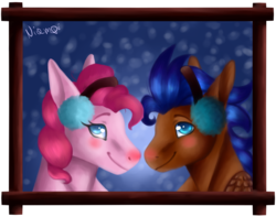 Size: 1000x789 | Tagged: safe, artist:niampi, pinkie pie, oc, oc:nimble wing, earth pony, pegasus, pony, g4, blushing, boop, canon x oc, duo, earmuffs, female, imminent boop, imminent noseboop, lidded eyes, looking at you, male, mare, noseboop, picture frame, red nosed, shipping, simple background, smiling, snow, snowfall, stallion, transparent background