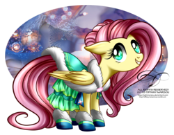 Size: 1300x1016 | Tagged: safe, artist:tiffanymarsou, fluttershy, pegasus, pony, g4, abstract background, clothes, cute, female, floppy ears, folded wings, mare, shyabetes, smiling, solo, wings