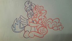 Size: 1200x675 | Tagged: safe, artist:dimvitrarius, pinkie pie, oc, oc:nimble wing, earth pony, pegasus, pony, g4, canon x oc, cheek squish, female, hug, jewelry, male, necklace, shipping, sitting, spread wings, squishy cheeks, traditional art, wings