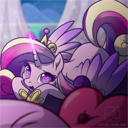 Size: 1202x1202 | Tagged: safe, artist:coralsky, princess cadance, alicorn, pony, g4, cute, cutedance, female, glowing horn, heart eyes, horn, looking at you, lying down, magic, mare, open mouth, prone, solo, wingding eyes