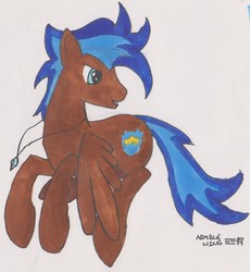 Size: 1762x1912 | Tagged: safe, artist:☲, oc, oc only, oc:nimble wing, pegasus, pony, flying, jewelry, looking back, male, necklace, solo, spread wings, wings