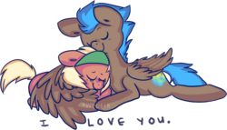 Size: 1117x641 | Tagged: safe, artist:aurelieia, oc, oc only, oc:ginger slice, oc:nimble wing, earth pony, pegasus, pony, duo, eyes closed, female, hug, i love you, lying down, male, shipping, simple background, snuggling, transparent background, winghug