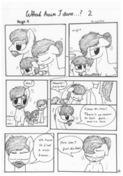 Size: 1024x1451 | Tagged: safe, artist:lupiarts, oc, oc only, oc:camilla curtain, oc:ron nail, oc:sally, comic:what have i done, black and white, comic, family, frown, grayscale, monochrome, sad, speech bubble, traditional art, tragic