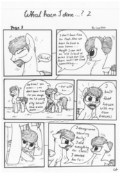 Size: 1024x1451 | Tagged: safe, artist:lupiarts, oc, oc only, oc:camilla curtain, oc:ron nail, oc:sally, comic:what have i done, angry, black and white, comic, grayscale, monochrome, sad, speech bubble, traditional art, tragic