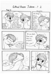 Size: 1024x1451 | Tagged: safe, artist:lupiarts, oc, oc only, oc:camilla curtain, oc:ron nail, oc:sally, comic:what have i done, angry, black and white, comic, grayscale, hitting, monochrome, sad, speech bubble, traditional art, tragic