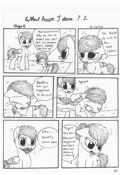 Size: 1024x1451 | Tagged: safe, artist:lupiarts, oc, oc only, oc:camilla curtain, oc:ron nail, oc:sally, comic:what have i done, angry, black and white, comic, crying, family, grayscale, monochrome, running, sad, speech bubble, traditional art, tragic
