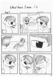 Size: 1024x1451 | Tagged: safe, artist:lupiarts, oc, oc only, oc:camilla curtain, oc:ron nail, comic:what have i done, black and white, comic, crying, grayscale, monochrome, running, sad, speech bubble, traditional art, tragic