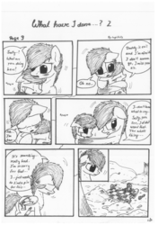 Size: 1024x1451 | Tagged: safe, artist:lupiarts, oc, oc only, oc:chess, oc:sally, comic:what have i done, black and white, comic, grayscale, monochrome, sad, speech bubble, traditional art, tragic