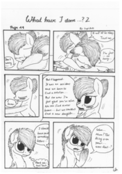 Size: 1024x1451 | Tagged: safe, artist:lupiarts, oc, oc only, oc:camilla curtain, oc:chess, oc:sally, comic:what have i done, black and white, comic, family, grayscale, monochrome, speech bubble, traditional art