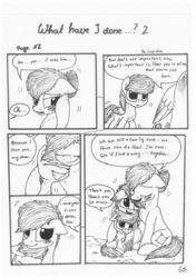 Size: 1024x1451 | Tagged: safe, artist:lupiarts, oc, oc only, oc:camilla curtain, oc:chess, oc:sally, comic:what have i done, black and white, comic, family, grayscale, happy, hug, monochrome, speech bubble, traditional art