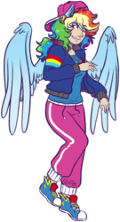 Size: 731x1358 | Tagged: safe, artist:monnarcha, rainbow dash, human, g4, clothes, converse, eared humanization, female, humanized, pants, rapper dash, shirt, shoes, simple background, smiling, sneakers, solo, transparent background, winged humanization, wings