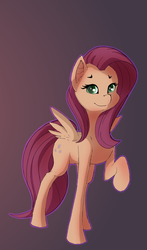 Size: 1540x2612 | Tagged: safe, artist:lurkku, fluttershy, pegasus, pony, g4, female, gradient background, looking at you, raised hoof, small wings, smiling, solo, spread wings, standing, wings