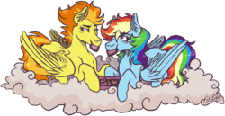 Size: 1882x971 | Tagged: safe, artist:monnarcha, rainbow dash, spitfire, pegasus, pony, g4, cloud, ear fluff, female, hooves, lesbian, looking at each other, lying down, lying on a cloud, mare, on a cloud, prone, ship:spitdash, shipping, simple background, transparent background, wings