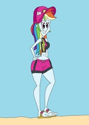 Size: 1713x2409 | Tagged: safe, artist:hunterxcolleen, rainbow dash, equestria girls, g4, beach, belly button, bikini, clothes, feet, hat, sandals, shorts, swimming trunks, swimsuit