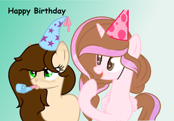 Size: 1448x1008 | Tagged: safe, artist:rose-moonlightowo, oc, oc only, alicorn, earth pony, pony, base used, female, hat, mare, party hat, party horn