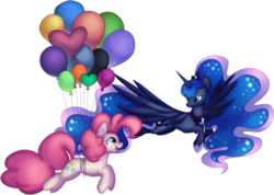 Size: 1024x731 | Tagged: safe, artist:redpandiey, pinkie pie, princess luna, pony, g4, balloon, floating, simple background, then watch her balloons lift her up to the sky, transparent background