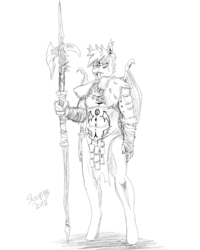 Size: 2000x2500 | Tagged: safe, artist:slouping, oc, oc only, oc:frostborn, bat pony, anthro, abs, armor, collar, fangs, fur, glyph, halberd, high res, jewelry, knife, loincloth, monochrome, signature, sketch, solo, standing, tattoo, teeth, tribal, weapon, wings