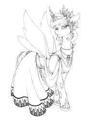 Size: 3847x4887 | Tagged: safe, artist:longinius, oc, oc only, oc:queen polistae, changeling, changeling queen, changeling queen oc, clothes, crown, dress, female, grayscale, horn, horn ring, jewelry, looking down, mare, monochrome, necklace, nightgown, pearl necklace, regalia, shoes, solo, wings