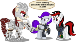 Size: 5719x3166 | Tagged: safe, artist:vector-brony, oc, oc only, oc:blackjack, oc:morning glory (project horizons), oc:rampage, pony, fallout equestria, fallout equestria: project horizons, armor, barbed wire, dialogue, energy weapon, gun, open mouth, scrunchy face, simple background, speech bubble, talking, transparent background, weapon