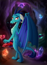 Size: 1869x2561 | Tagged: safe, artist:sirzi, princess ember, dragon, g4, beautiful, bloodstone scepter, cave, crystal, dragon lord ember, dragoness, female, gem cave, glowing gems, looking at you, looking back, looking back at you, solo