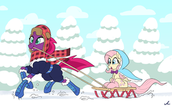 Size: 2895x1800 | Tagged: safe, artist:docwario, fizzlepop berrytwist, fluttershy, tempest shadow, pegasus, pony, unicorn, g4, my little pony: the movie, broken horn, bundled up for winter, clothes, cute, daaaaaaaaaaaw, female, horn, pine tree, precious, pulling, scarf, shyabetes, sled, smiling, snow, tempestbetes, tree, winter outfit