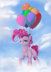 Size: 2893x4092 | Tagged: safe, artist:skitsroom, pinkie pie, pony, g4, balloon, cloud, female, floating, flying, sky, solo, then watch her balloons lift her up to the sky