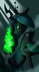 Size: 1920x3500 | Tagged: safe, artist:imskull, queen chrysalis, changeling, changeling queen, g4, angry, female, fire, glowing hooves, magic, raised hoof, solo
