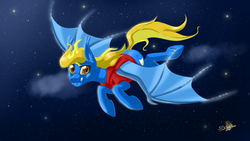 Size: 1920x1080 | Tagged: safe, artist:unisoleil, oc, oc only, oc:aliax smily, bat pony, pony, clothes, flying, night, shirt, solo