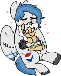 Size: 384x479 | Tagged: safe, artist:nootaz, oc, oc only, oc:delta dart, oc:rewind, hippogriff, pony, unicorn, blushing, cute, delwind, eyes closed, happy, heart, heart eyes, hug, simple background, size difference, snuggling, talons, transparent background, unshorn fetlocks, wingding eyes