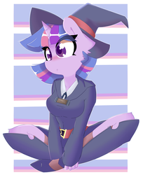 Size: 1921x2352 | Tagged: safe, artist:luxaestas, artist:pastelhorses, twilight sparkle, anthro, g4, abstract background, boots, breasts, clothes, collaboration, colored pupils, compression shorts, crossover, cute, dress, female, hat, little witch academia, mare, shoes, shorts, sitting, skirt, skirt lift, solo, witch, witch hat