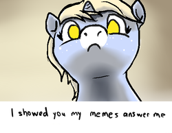 Size: 500x387 | Tagged: safe, artist:tacodeltaco, derpibooru exclusive, oc, oc only, oc:nootaz, pony, unicorn, female, freckles, looking at you, looking down, mare, meme, solo