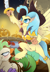 Size: 566x800 | Tagged: safe, artist:arctic-fox, captain celaeno, princess skystar, classical hippogriff, hippogriff, g4, my little pony: the movie, apple, duo, female, food, halloween, holiday, jack-o-lantern, leg rings, pumpkin, scimitar, sword, weapon
