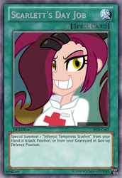 Size: 419x610 | Tagged: safe, artist:wubcakeva, edit, part of a set, oc, oc only, oc:scarlett, succubus, equestria girls, g4, looking at you, solo, trading card, yu-gi-oh!