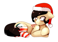 Size: 844x604 | Tagged: safe, artist:moonrunes, oc, oc only, oc:moonrunes, pony, candy, candy cane, christmas, clothes, food, hat, holiday, mouth hold, prone, santa hat, simple background, socks, solo, striped socks, transparent background