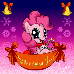 Size: 750x750 | Tagged: safe, artist:mnimorea, pinkie pie, earth pony, pony, g4, banner, bell, candy, candy cane, female, food, gradient background, happy new year, holiday, snow, snowflake, solo