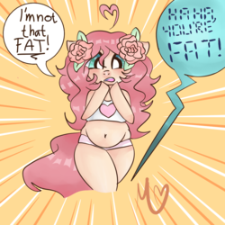 Size: 1000x1000 | Tagged: safe, artist:blueblueberry99, oc, oc only, oc:beth rose, earth pony, anthro, anthro oc, aqua eyes, arm hooves, bbw, belly, big belly, blushing, clothes, fat, fat fetish, fetish, flower, flower in hair, open mouth, pink mane, pink underwear, plump, simple background, sports bra, surprised, underwear, white underwear