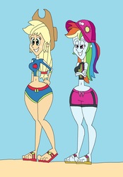 Size: 1777x2553 | Tagged: safe, artist:hunterxcolleen, applejack, rainbow dash, equestria girls, g4, beach, belly button, bikini, clothes, feet, hat, sandals, shorts, swimming trunks, swimsuit