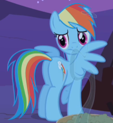 Size: 254x277 | Tagged: safe, screencap, rainbow dash, pegasus, pony, g4, over a barrel, butt, cropped, female, mare, plot, rainbutt dash, solo