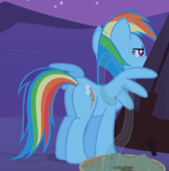 Size: 288x291 | Tagged: safe, screencap, rainbow dash, pegasus, pony, g4, over a barrel, butt, cropped, female, mare, plot, rainbutt dash, solo