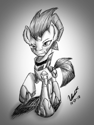 Size: 1944x2592 | Tagged: safe, artist:viejillox64art, tempest shadow, pony, unicorn, g4, my little pony: the movie, angry, broken horn, eye scar, female, hoof shoes, horn, mare, monochrome, raised hoof, scar, signature, solo