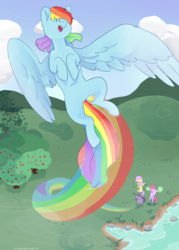 Size: 1024x1434 | Tagged: safe, artist:bits-of-bots, fluttershy, pinkie pie, rainbow dash, twilight sparkle, alicorn, earth pony, pegasus, pony, g4, dot eyes, flying, hooves to the chest, open mouth, rainbow trail, sky, solo focus, spread wings, wings