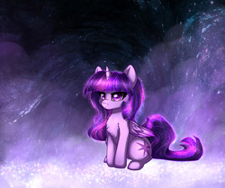 Size: 4961x4146 | Tagged: safe, artist:duop-qoub, derpibooru exclusive, twilight sparkle, alicorn, pony, descended twilight, g4, absurd resolution, female, looking at you, mare, sitting, solo, space, stars, twilight sparkle (alicorn), wings