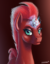 Size: 950x1200 | Tagged: safe, artist:sa1ntmax, tempest shadow, pony, unicorn, g4, my little pony: the movie, broken horn, bust, female, glowing horn, horn, portrait, signature, solo, sparking horn