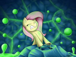 Size: 1600x1200 | Tagged: safe, artist:supermoix, fluttershy, pony, fanfic:restarting the chaos, g4, bubble, cave, eyes closed, fanfic, fanfic art, female, green, gritted teeth, lever, pulling, pushing, slime, solo, stone, struggling