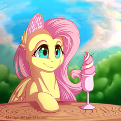 Size: 2600x2600 | Tagged: safe, artist:klarapl, fluttershy, pegasus, pony, g4, big ears, bust, cherry, cloud, cute, ear fluff, female, food, high res, ice cream, shyabetes, sky, smiling, solo, table, tree