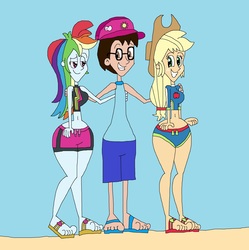 Size: 2489x2497 | Tagged: safe, artist:hunterxcolleen, applejack, rainbow dash, oc, equestria girls, g4, 1000 hours in ms paint, beach, belly button, bikini, clothes, feet, glasses, hat, high res, love triangle, pairings, sandals, self insert, shipping, swimming trunks, swimsuit