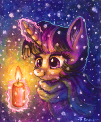 Size: 600x729 | Tagged: safe, artist:drawirm, twilight sparkle, pony, g4, candle, clothes, female, glowing horn, horn, magic, scarf, smiling, snow, solo, telekinesis, traditional art